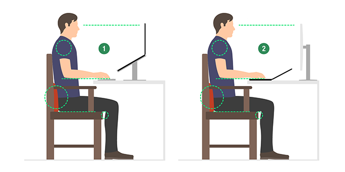 Illustration of a laptop setup showing how the placement and position of your screen, keyboard and mouse can promote good posture.