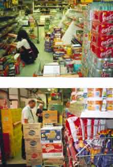 Shop aisle with many items stacked in walkway