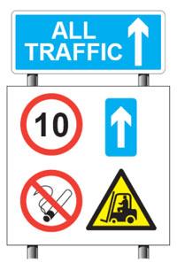 A road sign that describes the speed restrictions, the direction to travel, what other vehicles are within the area and a no smoking sign