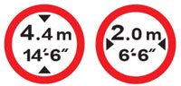 A road sign describing the the height and width restrictions for passing vehicles